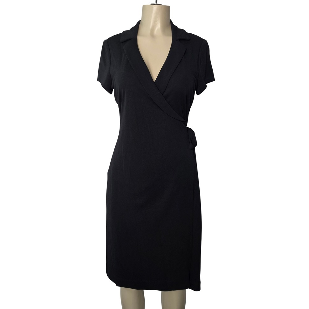 From The Design Studio Wrap Dress Women 12 Black Short Sleeve V-Neck Knee Length